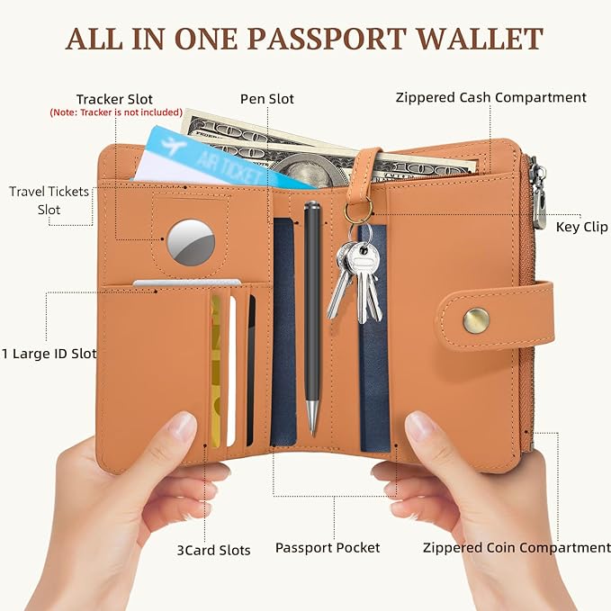 Full Grain Leather Passport Wallet, RFID Blocking Passport Holder with AirTag Slot, Multi Compartment Travel Wallet for Women & Men, Secure Passport Cover Case for Airport Essentials (Brown)