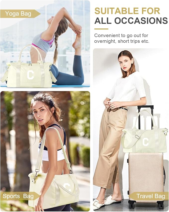 Initial Travel Duffel Bag Sports Gym Bag for Kids Teen Birthday Gifts,Beige Personalized Weekender Bag Carry On Dance Bags for Women Men,Waterproof Monogram Overnight Bag with Trolley Sleeve(Letter C)