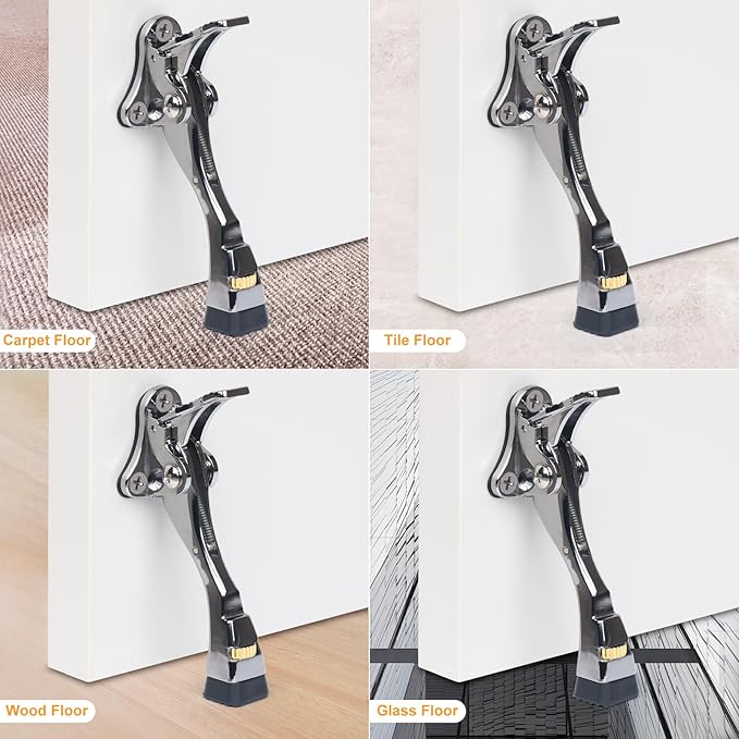 4 Packs Heavy Duty Kickdown Door Stopper, One Touch Adjustable Kickdown Door Stop for Heavy Doors, 4 inch Metal Door Kickstand with Rubber Tip & Wall Protectors for Wide Doors- Sliver
