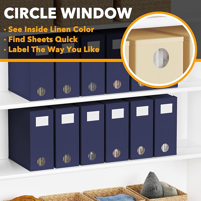 SpaceAid 12 Pack Bed Sheet Organizers and Storage, Foldable Linen Closet Organizer, Set Folder Keeper With Window XL (Queen & King Size) Bedding Container (Navy Blue)
