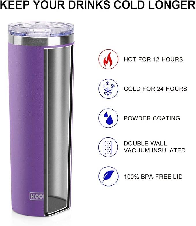 koodee 20 oz Skinny Tumbler (2 Pack) Stainless Steel Double Wall Insulated Water Tumbler Cup with Straw, Slim Travel or Women Diy Birthday Gift (Purple-Pink)