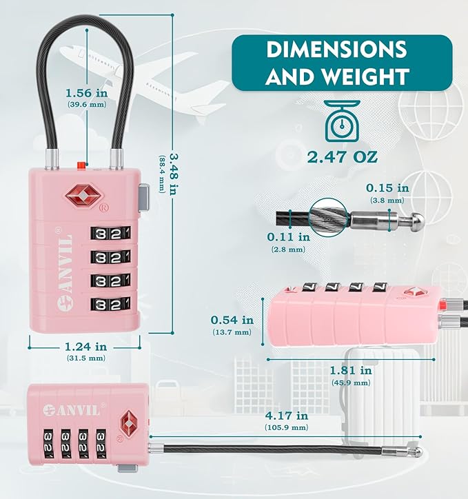 ANVIL 4 Digit Luggage Locks, TSA Locks for Luggage, Advanced TSA008 core, Alert Indicator for Your Travel Lock, Suitcase Lock. (3, Pink)