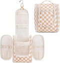 Narwey Small Checkered Hanging Travel Toiletry Bag for Women, Travel Bag for Toiletries, Makeup Bag Organizer Cosmetic Bags Make Up Bags for Women (Light Checkerboard)