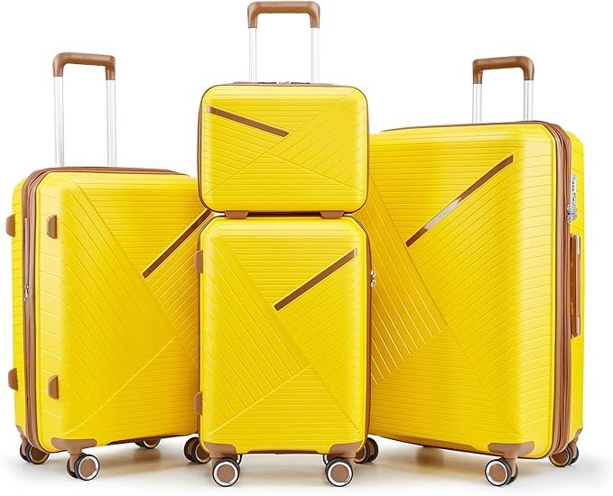 Campfun Luggage Sets 4 Piece, Expandable Carry On Luggage Set Hardshell PP, Suitcase Set with Double Spinner Wheels, Checked Durable Lightweight with TSA Lock, 14/20/24/28in, Yellow Brown(B)