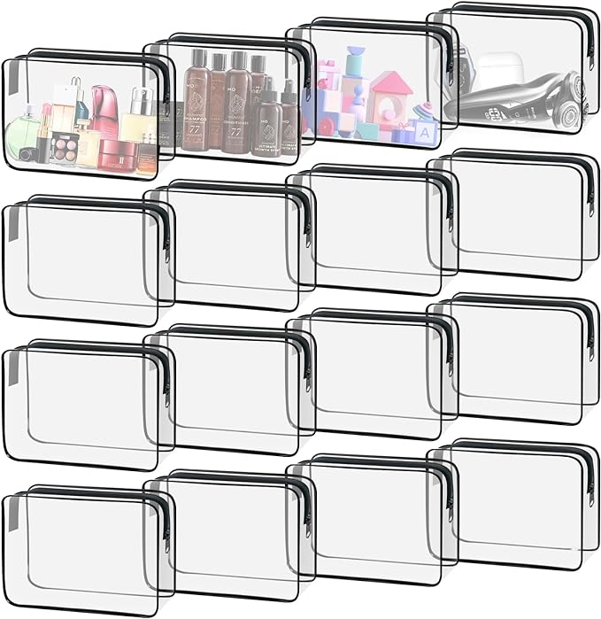 16 Pack Waterproof Cosmetic Bag TSA Approved Toiletry Bag, Portable Travel Pouch with Zipper, Vinyl Plastic Organizer Storage for Men and Women (Black-L)