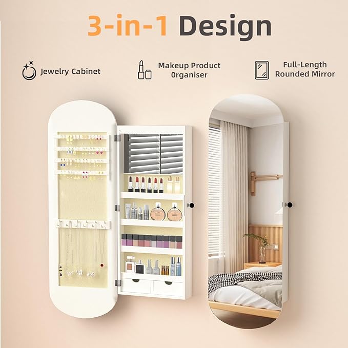 RQZ 8 LEDs Mirror Jewelry Cabinet, Rounded Wide Jewelry Armoire Organizer, Wall or Door Mounted Lockable Jewelry Storage with Interior Mirror, 2 Drawers (43.7" H)