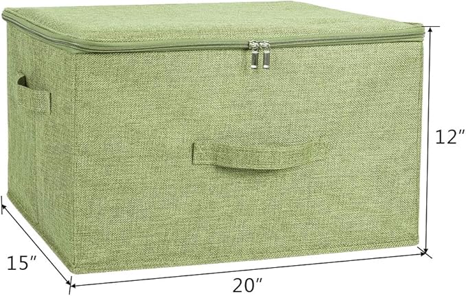 ANMINY 2PCS Storage Bins with Zipper Lids 51.9 Qt Lidded Fabric Storage Boxes Baskets Cubes with Handles Collapsible Washable Cotton Linen Closet Shelf Clothes Organizer - Green, Extra Large