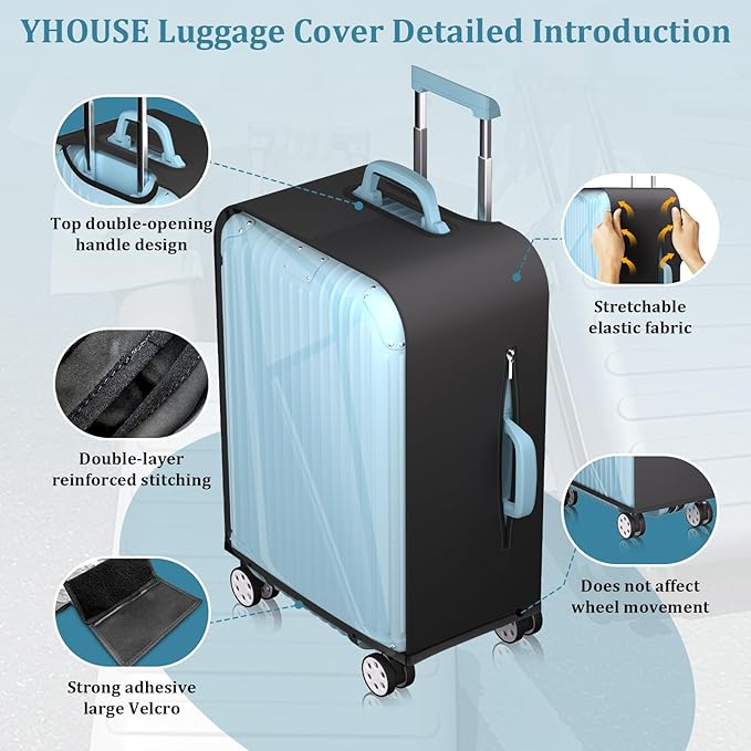 Upgraded Clear TPU Luggage Cover Protector with Black Stretchable Sides, Fit 28 Inch Wheeled Suitcase TSA Approved, Waterproof & Anti-Scratch, Includes Free Red Luggage Tag