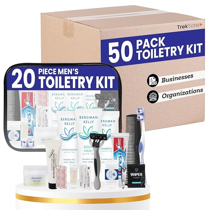 Trektote Bulk Hygiene Kit For Men And Women – (50 Pack) 20 Piece Set Of Travel Size Toiletries, TSA Compliant, Bulk Travel Essentials, Includes Shampoo And Conditioner, Body Wash, Toiletry Bag & More