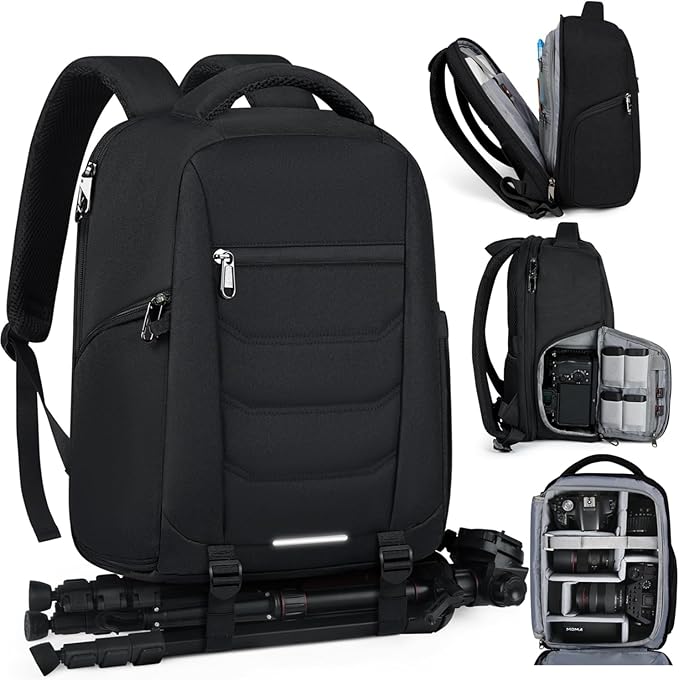 SDYSM Camera Bag Backpack Professional for DSLR SLR Mirrorless Camera Waterproof Laptop Back Pack 15.6 Inch with Rain Cover Anti Theft Travel Case Large Capacity Photography Backpack Black