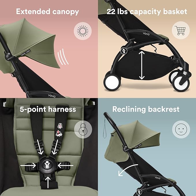 Stokke YOYO3 Stroller from 6 Months - Includes Black Frame/Olive Seat Cushion + Canopy - Folds in & Out in a Flash - Light & Compact - Carry-On Compatible