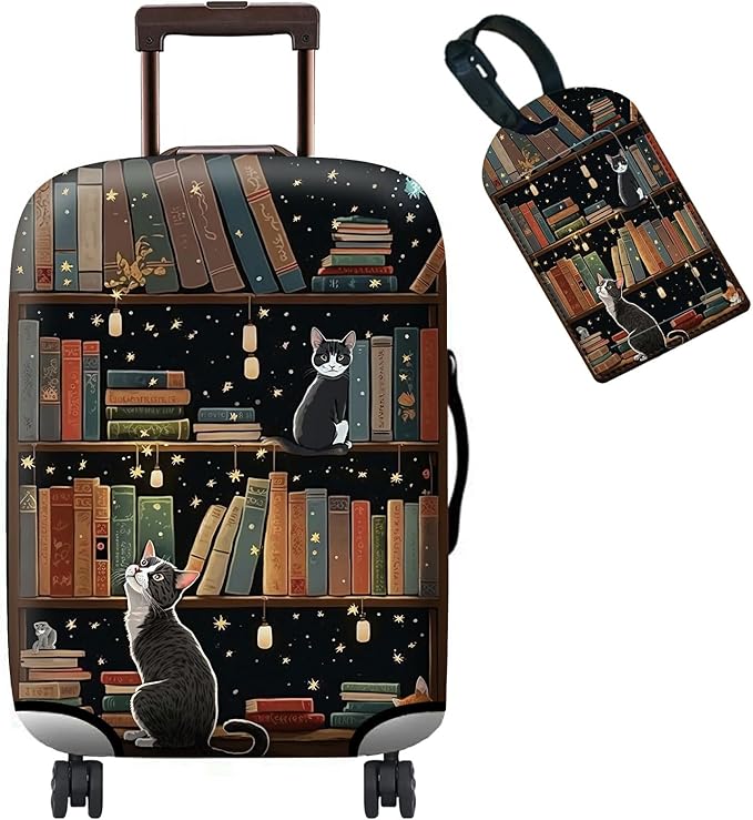 Luggage Cover + Tag, Cat Library Travel Suitcase Protector for 18-20 inch Luggage (S) with Concealed Zipper, Washable Elastic Cloth, Dustproof, Anti-Scratch