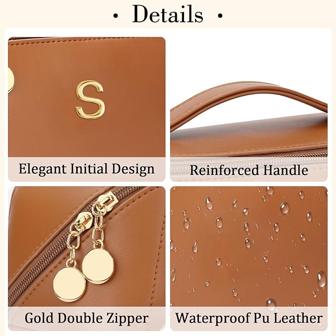 Birthday Gifts for Women Teen Girl, Personalized Initial Makeup Organizer Bag Set, Open Flat Travel Cosmetic Bag With Clear Divider and Handle(Brown,S)