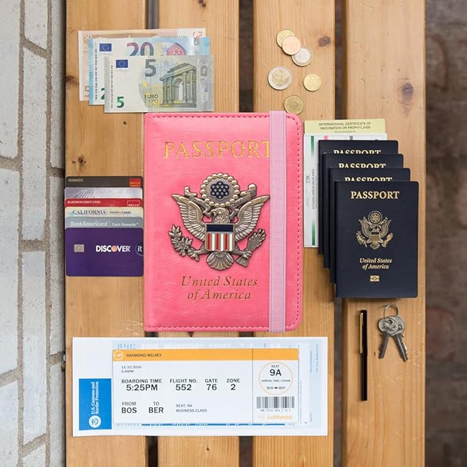 Passport Holder for Travel Passport Cover for Men Passport Wallet Case with Metal 3D Metal Badge Protector Leather Card Case RFID Blocking Women Travel Accessories Document Organizer (Pink)