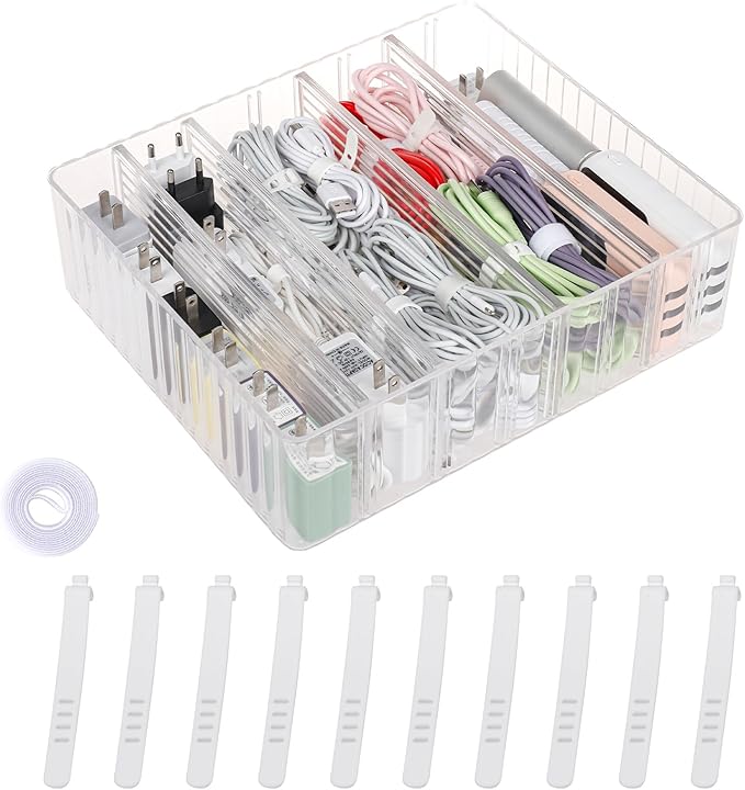 Yesesion Clear Cord Organizer Box for Desk Drawer, Plastic Cable Storage Container with Adjustable Compartments and Wire Ties for Phone Charger, Battery, Art Crafts, Electronics Accessories Case