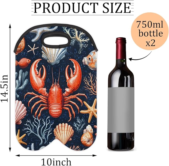 Neoprene Wine Tote, Bottle Carrier Gag Insulating Neoprene Thicker, Insulated Wine Bag for Travel Holds Two Bottles, Bottle Carrier Bags Protect the Bottles, Red Lobster