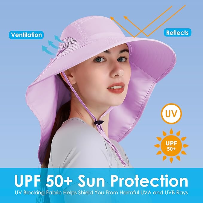 Womens Sun Hat UV Protection, Foldable Waterproof Wide Brim Bucket Hats with Neck Flap for Summer Beach Fishing Hiking