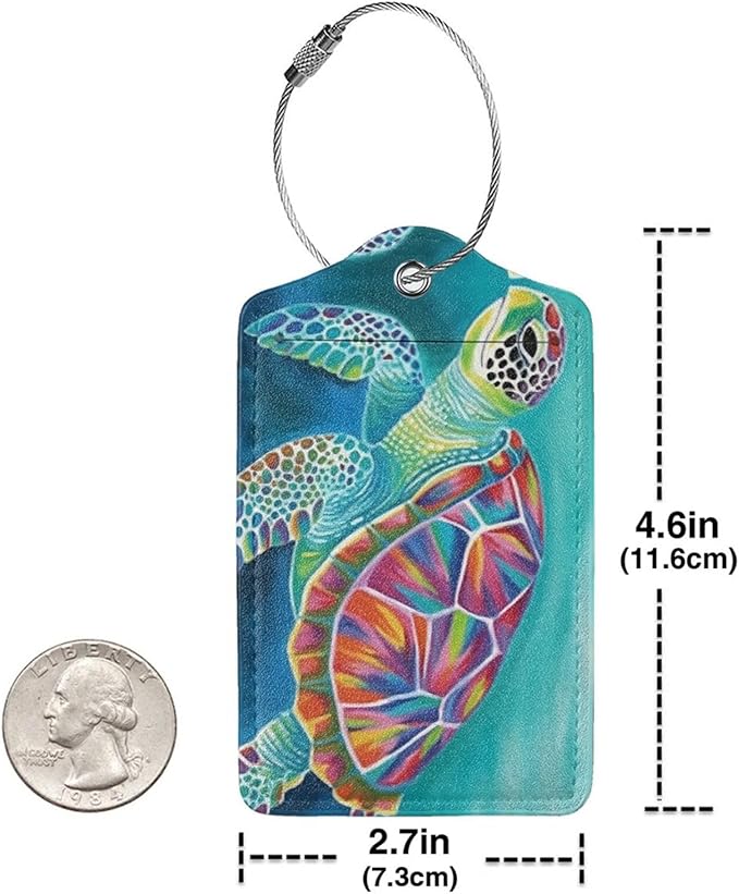 Sea Turtle Leather Luggage Tag with Stainless Steel Ring, Fun Name Id Card Cover Travel Bag Tag Set, Suitable for Travel Bag Luggage Women Men 1 PCS
