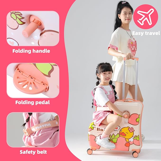 Kids' Lightweight Ride on Luggage with Spinner Wheels & Foldabe Design (Pink Strawberry, 20"+ Aged 1-3 Toddler)