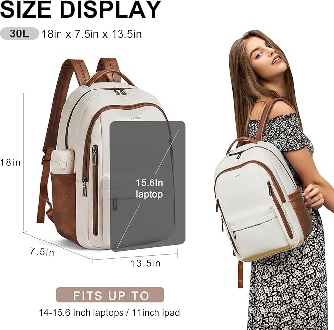 30L Business Laptop Backpack for Women Men, Travel Work Backpack Purse Faux Leather College Bookbag fits 15.6" Laptop - Beige
