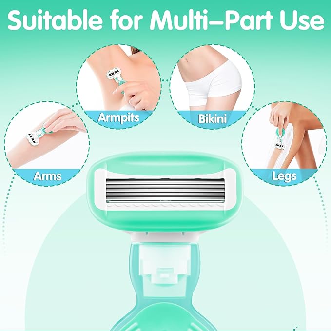DreamGenius Travel Razors for Women Include 1 Handle and 5 Cartridges, Extra Smooth 5-Blade Travel Essentials Razor with Case for Shaving, Green