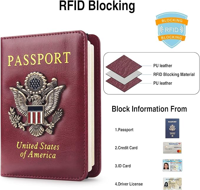 Passport Holder for Travel Passport Cover for Men Passport Wallet Case With 3D Metal Badge Protector Leather Card Case RFID Blocking Women Travel Accessories Document Organizer (Wine Red)