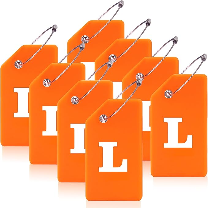 8 Pcs Luggage Tags for Suitcases, 26 Initial Letter Travel Luggage Baggage Identification Labels ID Tags Fully Bendable Tags with Stainless Steel Loop (Letter L, Orange)