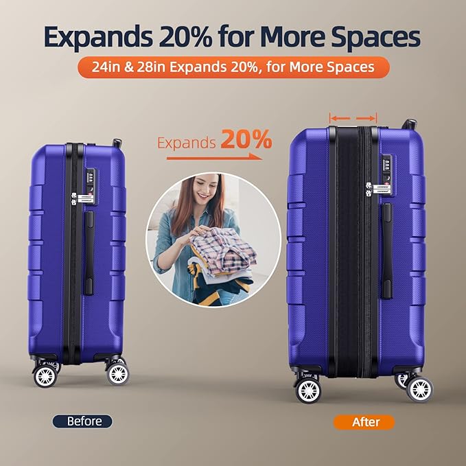 SHOWKOO Luggage Sets Expandable PC+ABS Durable Suitcase Sets Double Wheels TSA Lock 4 Piece Luggage Set Royal Blue
