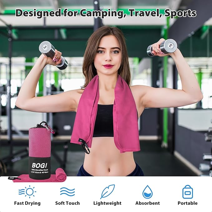 BOGI Microfiber Travel Sports Towel-Quick Dry Towel, Soft Lightweight Microfiber Camping Towel Absorbent Compact Travel Towel for Camping Gym Yoga Swimming Backpacking (XL:72''x32''+16''x16''-Hpink)