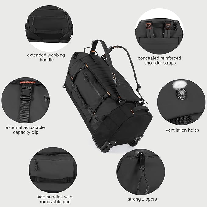 Rolling Duffle Bag with Wheels,86L 30”Folding Duffle Backpack with 2 Wheels,Travel Bag with Separate Shoe Compartment,Black