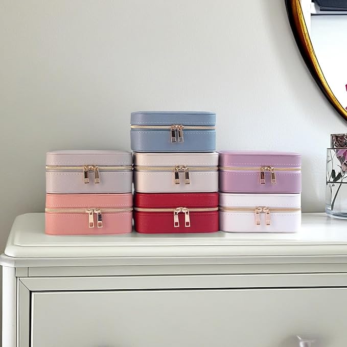 Small Jewelry Travel Case For Womens Small Rectangle PU Leather Jewelry Box With Zipper 2.56" H Portable Travel Jewelry Case For Earring Rings Necklaces Bracelets Pink Jewelry Gifts Box