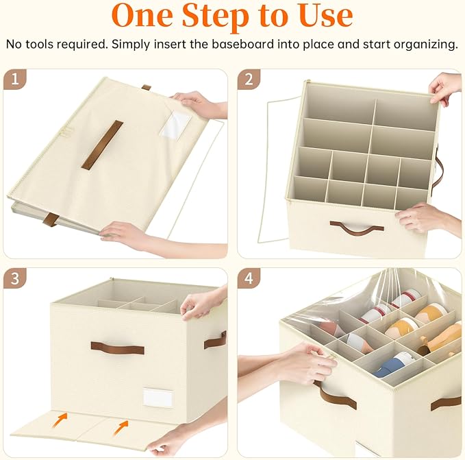 Shoe Organizer for Closet, Foldable Shoe Storage Containers, Fits up to 16 Pairs, Large Shoe Storage Organizer Box Cubby Baskets Bins with Clear Cover and Reinforced Handles, Beige
