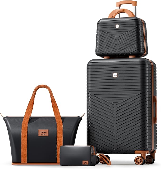 Hoteel 4 Piece Luggage Set (4-YEAR WARRANTY) with Spinner Wheels & TSA Lock, Carry on Luggage Hardshell ABS+PC, Travel Collection Suitcases Sets, Black(13/20",Travel Bag,Cosmetic Bag)