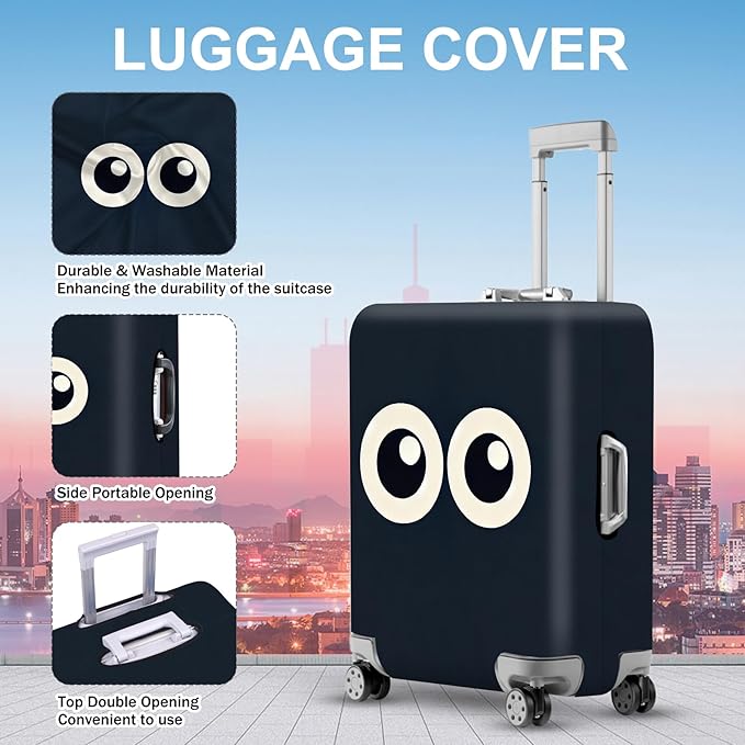ANNA QUEEN Navy Blue Cartoon Eyes Luggage Cover, Funny Suitcase Protector for 20-22 Inch Luggage, Stretchable & Washable Travel Cover, Cute, Durable & Easy to Spot