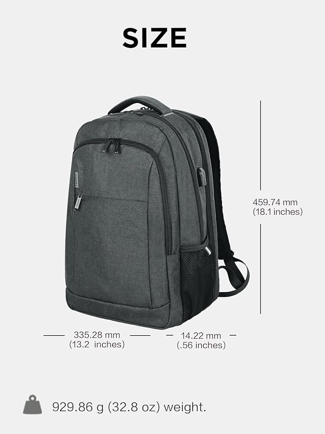 Lenovo B325 Laptop Backpack, Grey, 17-Inch, Water-Resistant Travel Backpack with External USB Port, Anti-Theft Design, Luggage Strap, for Men & Women, Perfect for Work, School, and Travel