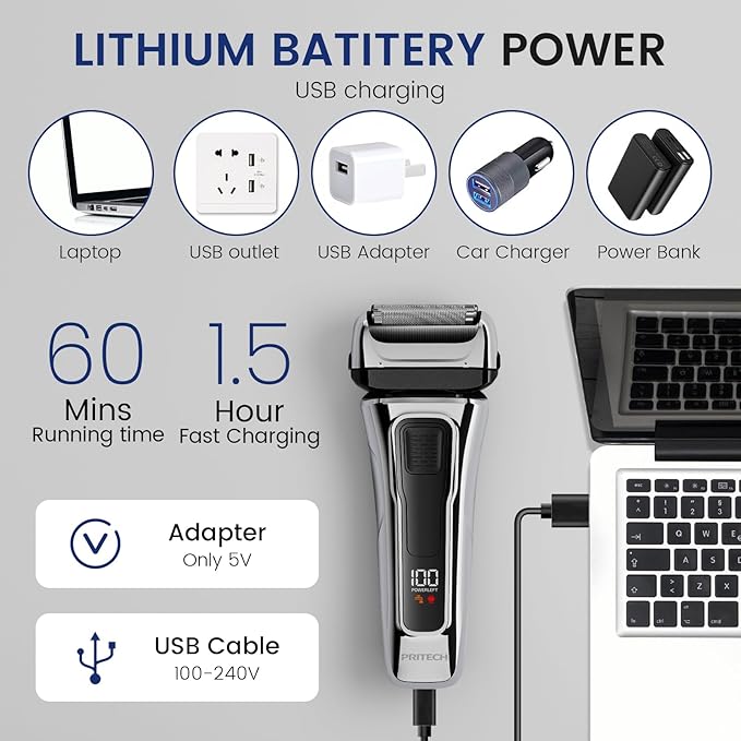 PRITECH Foil Shaver for Men, Electric Razor with Tight Foil Technology, Skin-Friendly Design, Easy Blade Replacement, Cordless Rechargeable with Pop-Up Trimmer, LED Display,Waterproof