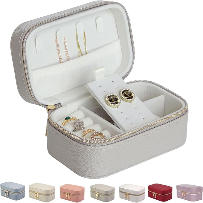 Travel Jewelry Case Small Suitable For Jewelry Organizers and storage In A Carry-on Handbag, PU Leather, Sturdy And Smooth Gold Metal Zipper, Travel Essential Gray Small Jewelry Box