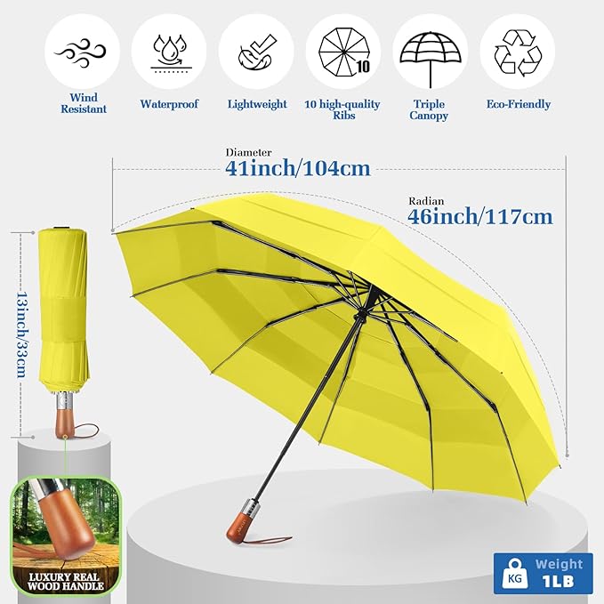 3T Wind Armor Travel Umbrella Compact Easy Auto Open Close Folding Umbrellas for Rain Windproof Umbrella for Women and Men Durable Real Wood Handle Portable Fits Backpack Car