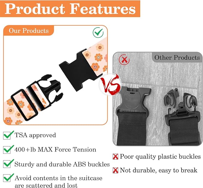 Luggage Straps for Suitcases TSA Approved, Luggage Identifiers for Suitcase, Adjustable Suitcase Strap for Baggage Security with Cute Patten, Travel Necessary Accessories 2Pack (Orange Flower)