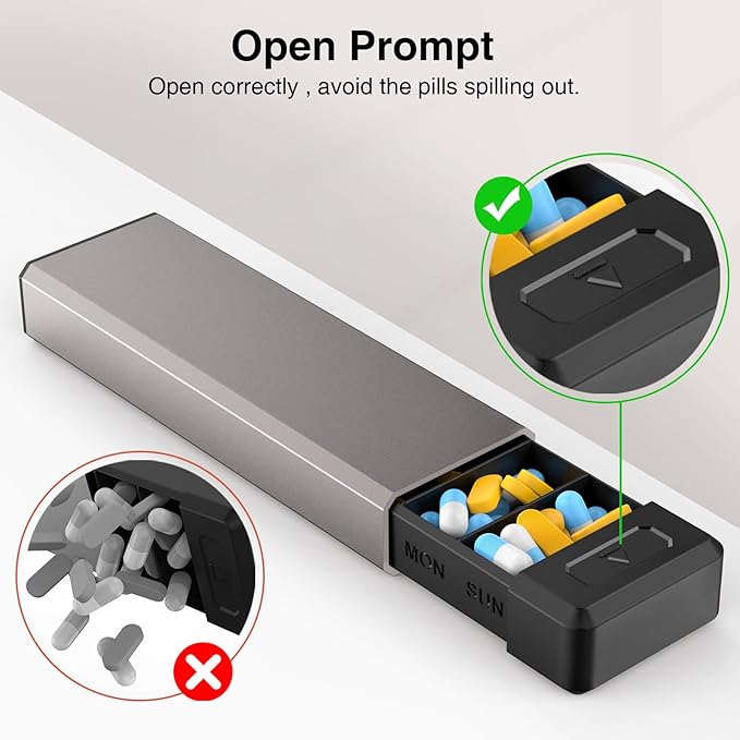 HEIYING Pill Organizer with Aluminum Shell for One Week Capacity, Portable 7 Compartments Pill Box Container to Hold Vitamin, Medicine, Supplements