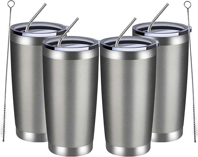 MEWAY 20oz Tumbler 4 Pack Double Wall Vacuum Insulated Travel Mug Bulk, Stainless Steel Tumblers with Lid and Straw, Durable Powder Coated Coffee Cups for Cold & Hot Drinks (Cold Gray, 4)