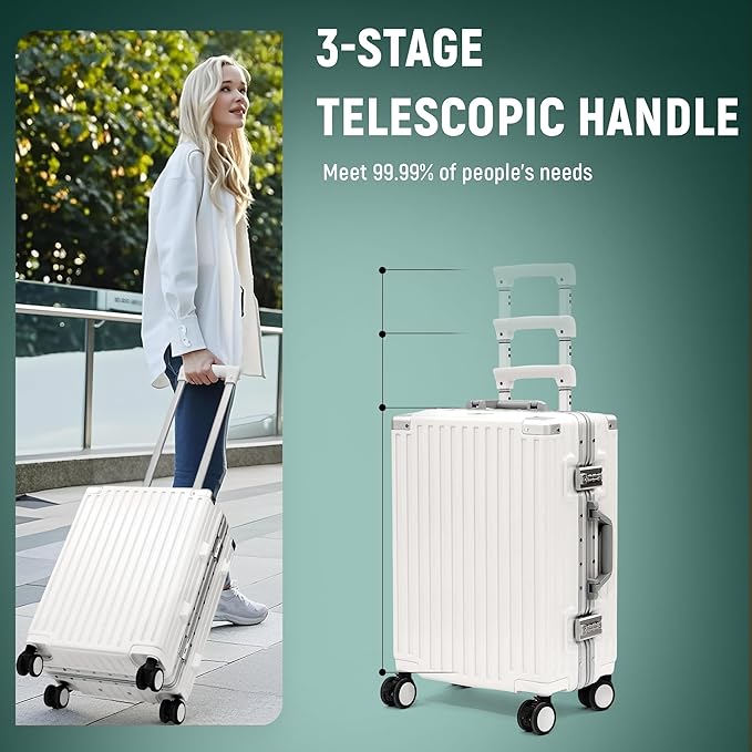 UrbanExplorer 20 Inch Carry On Luggage Aluminum Frame Airline Approved, Zipperless Luggage Carry On TSA Approved ABS+PC Hard Shell Suitcases, Lightweight Carry-On Suitcase with Cup Holder, White