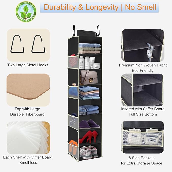 2 Pack Large-Sized Hanging Shoe Organizer 8-Shelf, Hanging Closet Organizer with 8 Side Pockets, Wider Hanging Shelves for Storage Shoes Clothes 9" W × 11.8" D× 48" H, Black.