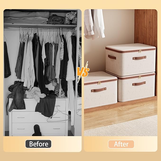 Tuza 3 Pcs Rigid Storage Bins with Zipper Lid, Cotton Linen Fabric Storage Boxes, Foldable Shelves Clothes Storage Cubes with Handles for Wardrobe, Closet(Beige, 15L)