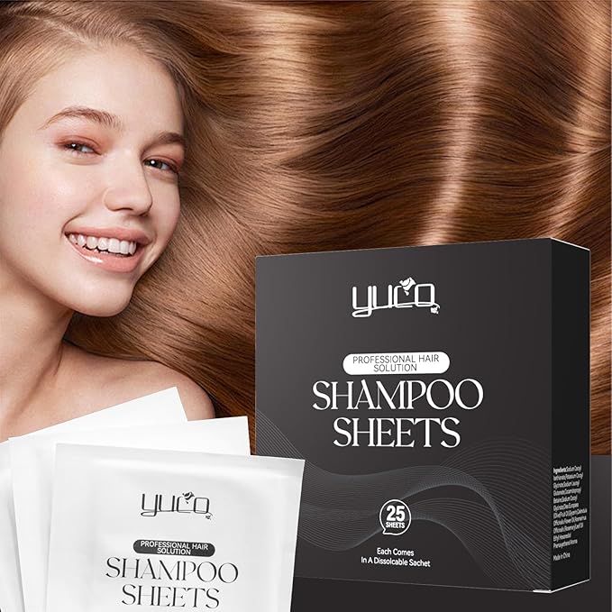 YUCO Travel Hair Shampoo Sheets Travel Pack 25 Tablets,Individual Sachet,for Hair Washing,Calendula officinalis Scent,For Gym,Camping,Vacation,Hotels,Hospital,Business Trip,Flight Travel Essentials