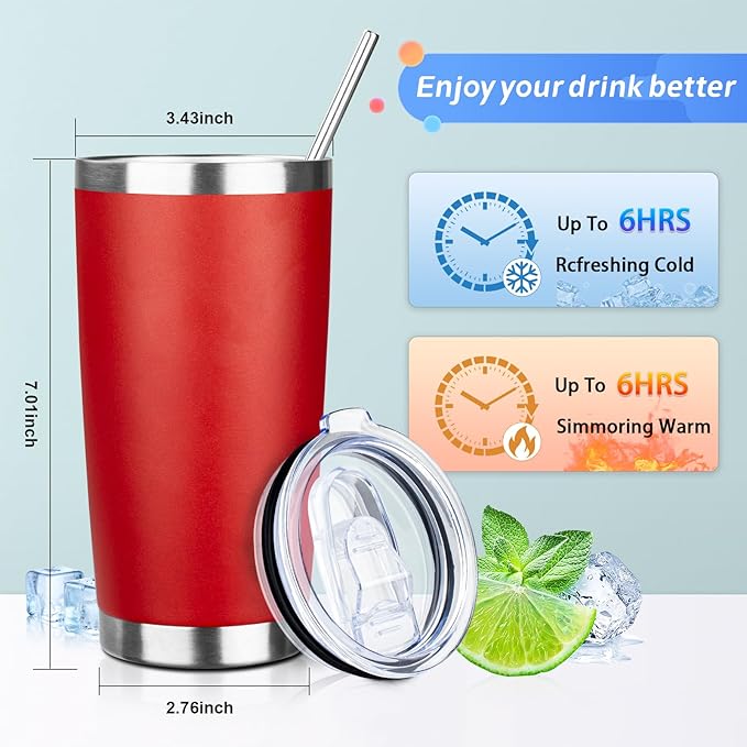 20oz Tumbler with Straw and Brush, Stainless Steel Vacuum Insulated tumbler, Double Wall Insulated Coffee Tumbler for Outdoor, Home, Travel,Office (Bright Red,4pcs)