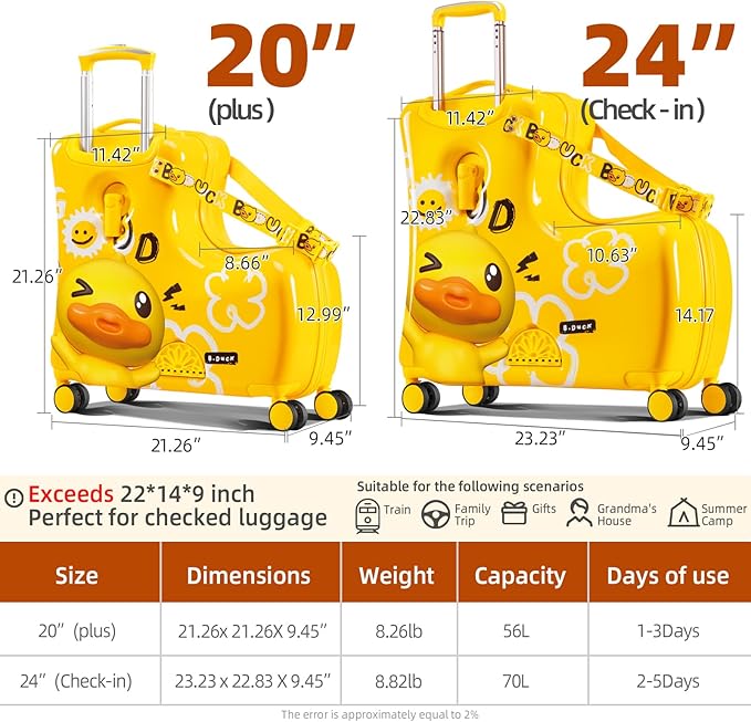 Kids' Lightweight Ride on Luggage with Spinner Wheels & Foldabe Design (Yellow Good, 24"+ Aged 3-12 Toddler)