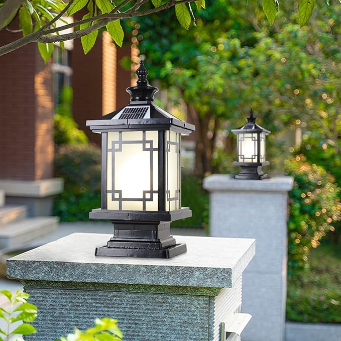 LED Solar Post Light Outdoor, Aluminum Fence Post Cap Lamp Remote Control Dimmable Pillar Lights Solar IP65 Waterproof Column Light, 15.7" X 7.3" Pillar Pedestal Lantern for Garden Yard