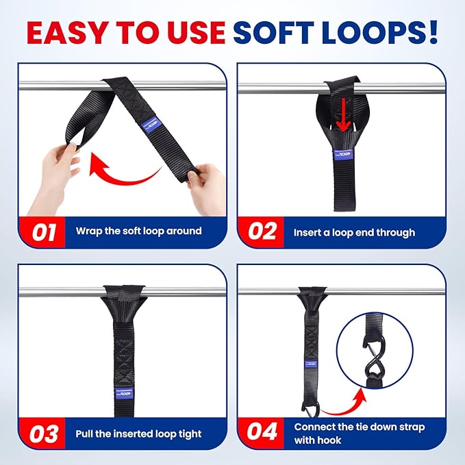 MOCA Heavy Duty Ratchet Tie Down Straps - 5200 Lbs Breaking Strength 1.6" x 8', Includes 4 Heavy Duty Ratchet Padded Handles & Coated Chromoly S Hooks & 4 Soft Loop Tie-Downs