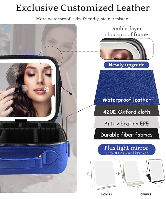MOMIRA Travel Makeup Bag Cosmetic Bag with Lighted Mirror, Adjustable Brightness in 3 Color Scenarios/Detachable makeup mirror, All-round Upgrade, Waterproof, Gift for Women -Blue